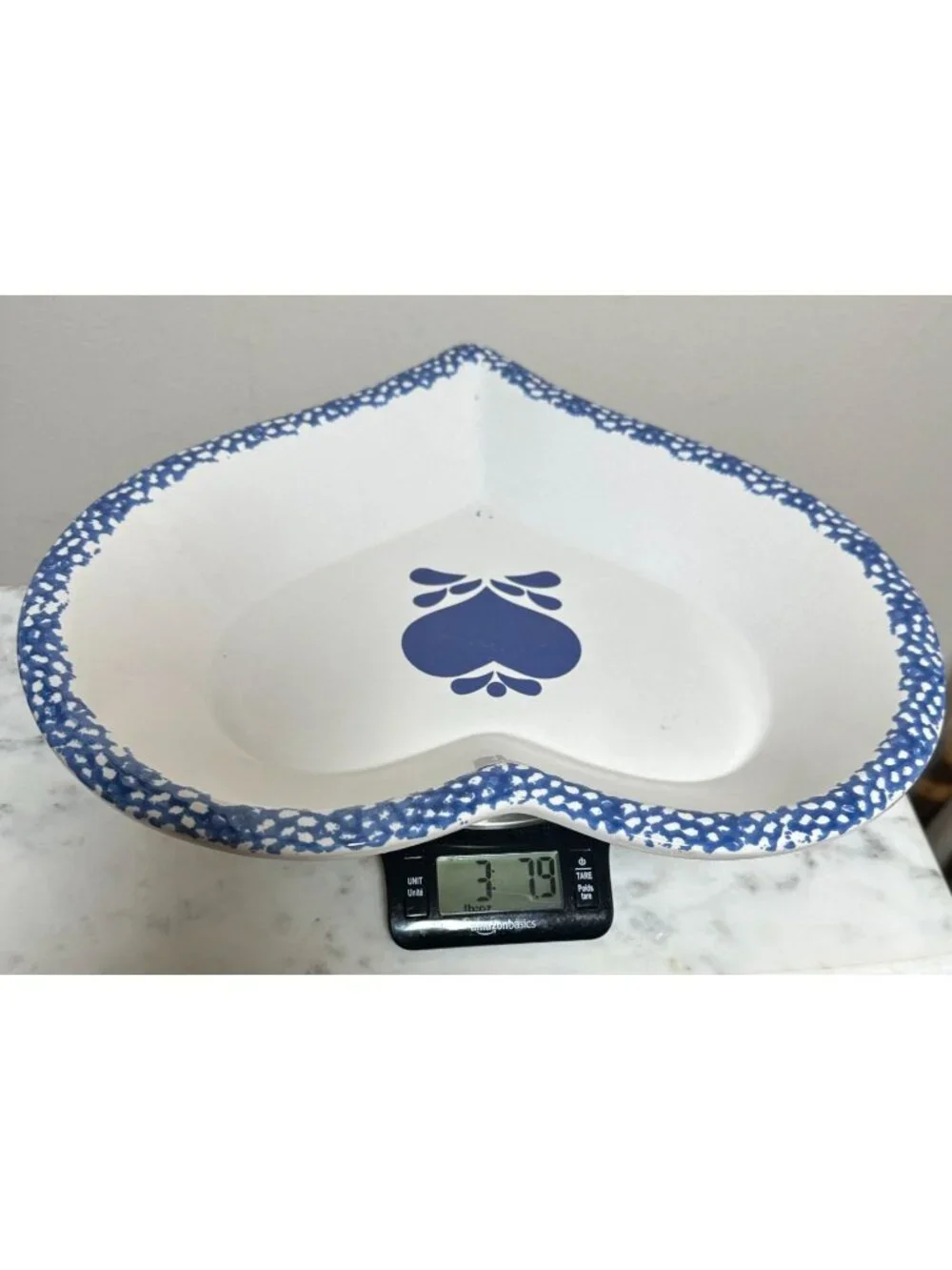 Large Vintage Heart Shaped Ceramic Serving Bowl | Blue & White Folk Art Dish